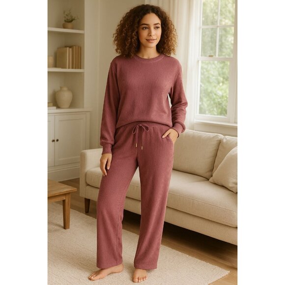 Honeydew Lg 2-Piece Soft Rib Lounge Set Pajama Sleepwear Long Sleeve Shirt Pants - Picture 1 of 15